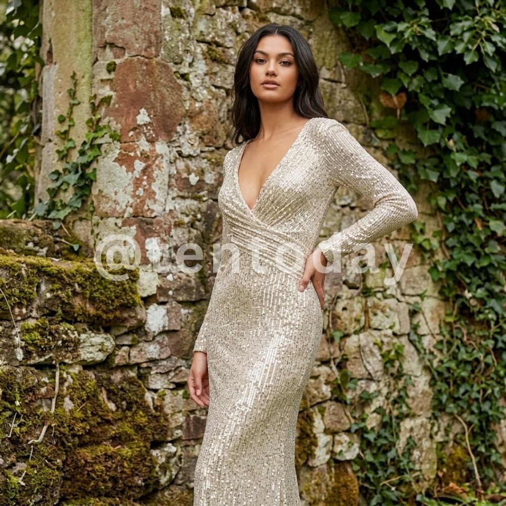 Mac Duggal Size‎ 2 Nude Silver Ruched V-Neck Sequin Long Sleeve Gown Maxi Dress